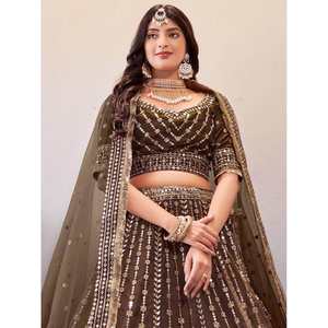 Lehenga Choli de Boda con Lentejuelas Marrones y Adornos de Red, Elegante y Atractivo Traje de Novia - Product Image 1