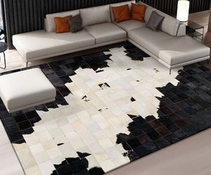 Vente en gros de tapis carré moderne en cuir de vachette fait à la main, design patchwork naturel avec poils hauts lavables - Product Image 1