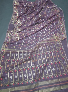 Exclusif Deshi Dhakai Jamdani Sharee Qualité d'exportation pour les femmes JAMDANI FABRIC Blue RED Golden Sky Blue du Bangladesh. - Product Image 3