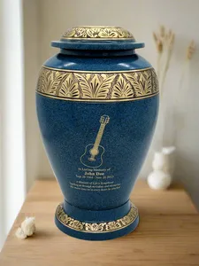Bleu avec garniture de feuille d'or urne de crémation en laiton massif pour les cendres capuchon fileté urnes commémoratives de taille adulte - Product Image 3