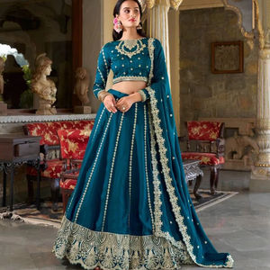 Impresionante color azul azulado Vichitra seda Lehenga Choli con lentejuelas y bordado trabajo para fiesta boda damas de honor funciones - Product Image 1