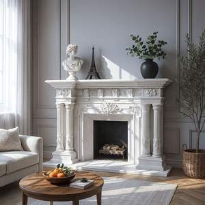 Marco de Chimenea de Mármol Blanco Hecho a Mano, Soporte de Pilar Clásico Moderno, Independiente, Tamaño Personalizado, Interiores de Sala de Estar 5 - Product Image 3