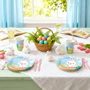 Kit de Vajilla Desechable para Fiesta de Conejitos de Pascua, Pancarta de Papel, Mantel, Platos de Papel, Vasos, Cubiertos para Fiesta de Pascua - Product Image 3