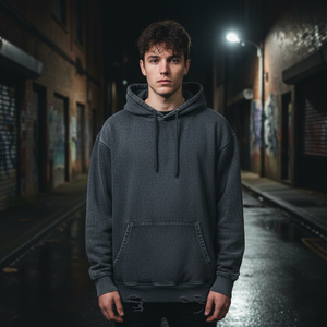 เสื้อฮู้ดวินเทจสไตล์ย้อมสีเอซิดสำหรับผู้ชาย สีเทาชาร์โคล ลุคซันเฟด กรันจ์ ทรงพูลโอเวอร์ เนื้อผ้าหนา สตรีทแวร์ ผ้าฝ้าย 100% - Product Image 3