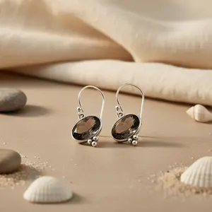 Women's Vintage 925 <b>Silver</b> Smoky Quartz <b>Dangle</b> <b>Earrings</b> 18K Gold Plated Pendant Drop <b>Earrings</b> for Gift - Product Image 1