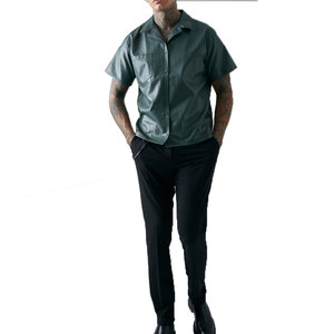 Vente chaude Personnalisé Haute Qualité Chemise En Cuir Coupe Ample À Manches Courtes Stand Noir Baggy Vegan Streetwear Hommes Écologique - Product Image 4