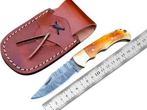 มีดพับเหล็กดามัสกัสทำด้วยมือพร้อมปลอกหนังมีดเดินป่าตั้งแคมป์ - Product Image 2