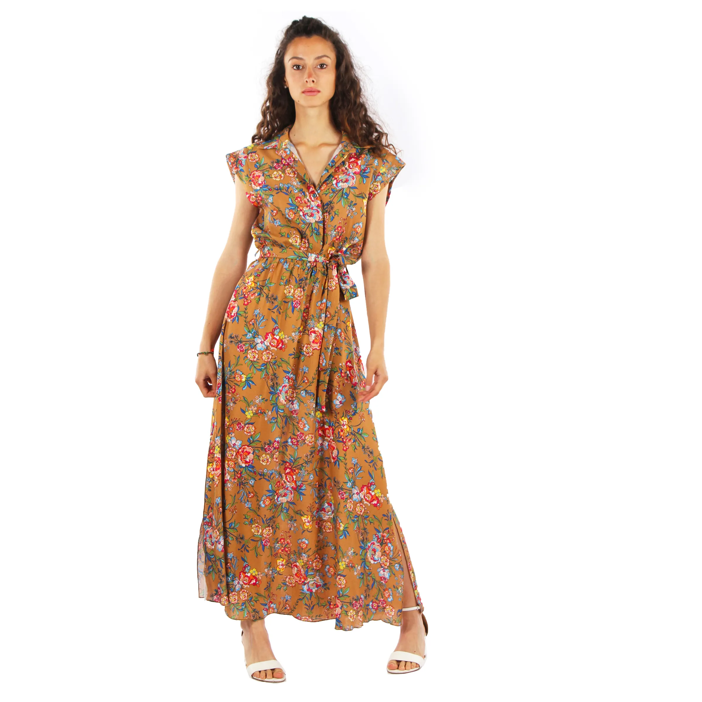 Flower Print Long Brown Floral Inspired Gown Daytime Elegance and Bohemian Flair ideal for a day party size large