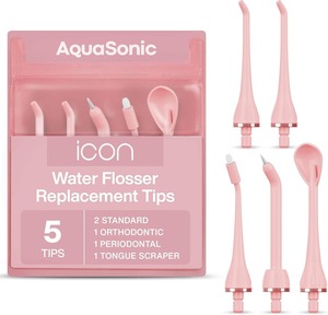 AquaSonic Icon Water Flosser Replacement Tips - 5 Tips, 4 Types: Standard, Periodontal, Orthodontic & <b>Tongue</b> <b>Scraper</b> - Genuine - Product Image 1