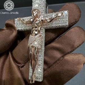 Charm_Jewells Rose <b>Gold</b> Plated 18K <b>Solid</b> <b>Gold</b> Cross <b>Pendant</b> With Moissanite Baguette Cut Channel Setting Christian Charm - Product Image 5