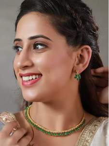 <b>Indian</b> Girls Womens Gold Plated AD CZ Green Color Choker Necklace <b>Set</b> For Party Wear Ethnic - Product Image 2