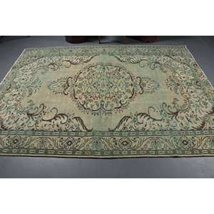 Tapis en Laine Vintage Écologique de Grande Surface 6.1X8.6 pieds Vert Beige Patchwork Style Salle à Manger Rectangle Pile Moyenne Latex - Product Image 3