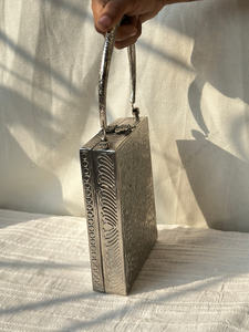 Vertical <b>Silver</b> Metal Box Handbag with Arched Handle Engraved Surface Luxury Womens Evening Wedding Carry <b>Purse</b> Export gift her - Product Image 6