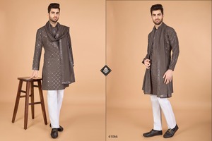 Colección Kurta de secado rápido de seda Formal bordada para hombres para adultos, ropa festiva y de fiesta, ropa india y pakistaní - Product Image 4