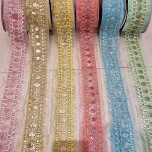 Embroidered Ribbon Rolls with Floral Embroidery and Sequins Made on Organza <b>Fabrics</b> Ideal for Use As Garment Trims - Product Image 3