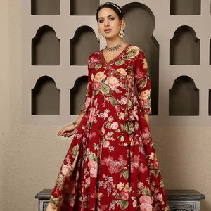 Ensemble de robe Anarkali Kurta en coton marron imprimé, longueur mollet, pour femmes, robe Anarkali en coton imprimé et pantalon avec dupatta - Product Image 1