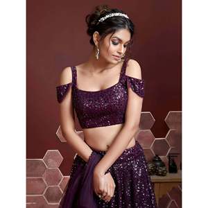 Robe de cocktail élégante en tulle brodé de paillettes violettes, tenue de soirée, lehenga choli - Product Image 5
