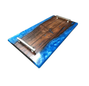 Plateau de service en bois et résine avec poignée en métal, plateau transparent en résine en forme d'œuf, excellent plateau en bois et résine - Product Image 3