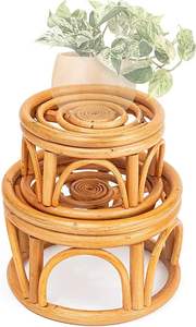 Petit support de plante rond en rotin bohème, support de plante en bois naturel rustique de style fermier pour la décoration - Product Image 4