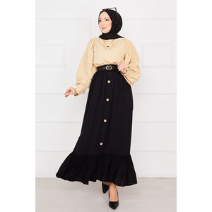 Jupe crayon noire modeste en mousseline avec taille élastique et détails boutonnés, coupe ajustée confortable, taille XS, style formel hiver - Product Image 3