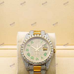 Reloj de diamantes de moissanita de dos tonos de 40mm de la mejor calidad, acento dorado con número romano verde único, esfera analógica, estilo antiguo de lujo - Product Image 1