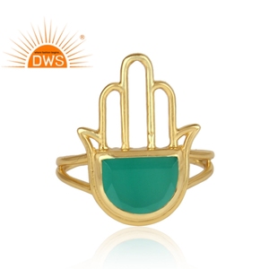 Anillo de Plata de Ley 925 con Baño de Oro de 18K y Piedra Preciosa de Ónix Verde Natural, Diseño Hamsa, Banda Dividida, Ideal para Fiestas, de Moda, el Más Vendido - Product Image 4
