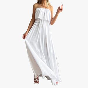 ชุดแมกซี่เกาะอกผ้าฝ้าย100% เอวสูงลายดอกไม้สำหรับผู้หญิงตัวหลวมชายหาดทอสไตล์วันหยุดฤดูร้อนย้อมสีล้วนยาวถึงพื้น - Product Image 4