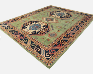 Tapis en laine noué à la main fait à la main tapis vert Tribal Kazak Design avec des motifs géométriques audacieux pour la décoration intérieure du salon - Product Image 4