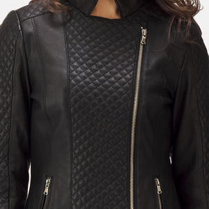 Chaqueta de cuero genuino para mujer, chaqueta de motorista de cuero negro acolchado de grano para niñas, chaqueta de abrigo de motorista informal con cremallera para mujer - Product Image 3