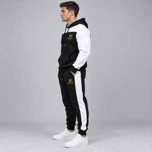 Custom <b>Men</b>’s Black and <b>White</b> Color Block Tracksuit Two Piece Pullover Hoodie and <b>Jogger</b> Set with Custom Logo - Product Image 5