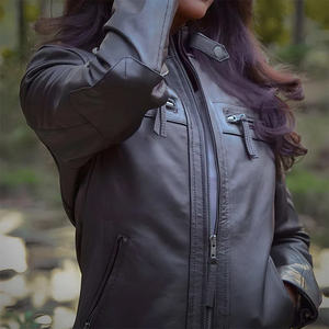 Chaqueta de Cuero Genuino de Piel de Oveja para Mujer, Negra, Ajustada, Ecológica, Acolchada, Transpirable, de Manga Larga, Teñida en Color Liso - Product Image 4
