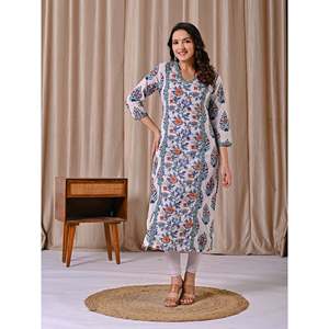 White Cotton Straight Fit Kurti Jaal <b>Block</b> <b>Printed</b> Indian Ethnic Wear for Girls Stitched Gown for Special Occasions - Product Image 4