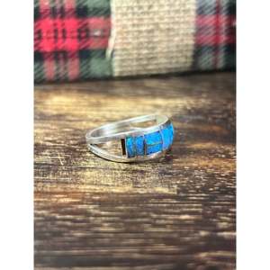 Sterling Silver <b>Ring</b> with Man-Made <b>Blue</b> <b>Opal</b> Inlay Gold & Rhodium Plated Fashionable Gift - Product Image 3
