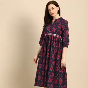 Robe longue évasée à motif floral pour femme, été 2024, col en V, manches longues, décoration en cristal, élégante, tissu 100% coton délavé - Product Image 1