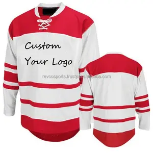 Maglia da hockey su ghiaccio rosso e bianco con scollo a V logo della squadra personalizzato e nome Tackle maglia da hockey su ghiaccio nuova stagione maglia da hockey su ghiaccio