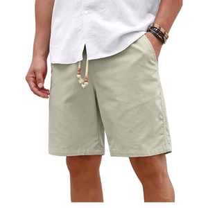 Shorts en coton et lin décontractés à taille élastique avec cordon de serrage, shorts d'été pour la plage et les vacances avec poches pour les voyages et la détente - Product Image 1