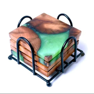 Juego de Posavasos de Madera con Resina Epoxi Verde con Soporte de Metal, Tapete Rústico para Bebidas para Mesa de Centro, Restaurante, Hotel, Oficina, Bar, Decoración de Lujo - Product Image 1
