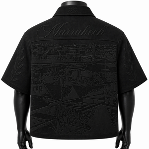 Camisa de hombre vintage personalizada con cuello con cremallera, de manga corta, corte holgado y estilo urbano, con cuello bordado y diseño de palma, OEM - Product Image 2