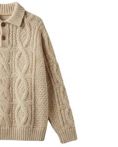 Manufacturer Mens <b>Cable</b> <b>Knit</b> Polo <b>Sweater</b> Long Sleeve Button Neck Casual Winter Pullover Top In Beige For Wholesale Bulk Order - Product Image 3
