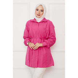 Camisa Hijab Larga Color Fucsia con Botones Ocultos y Detalle de Pliegues, Blusa Modesta - Product Image 2