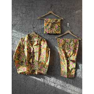 Ensemble de pyjama en coton à imprimé floral de Jaipur, style bohème, vêtements décontractés pour la maison avec taille élastique et fermeture à boutons, tailles XS à 3XL pour l'été - Product Image 5