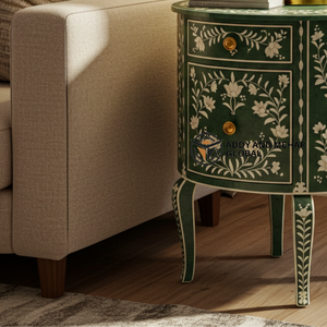 Mesita de noche con incrustaciones de hueso verde hecha a mano, mesita de noche con tres cajones y patrón floral - Product Image 3