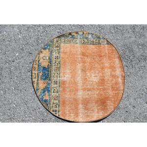 พรมตุรกีขนาด 2.2x2.3 ฟุต สีน้ำตาล-น้ำเงินลายจุด ทำจากขนสัตว์ วินเทจ - Product Image 3