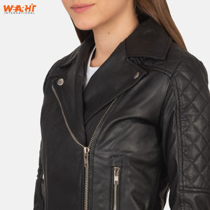 Chaqueta de motorista de cuero genuino para mujer con estilo, cremallera asimétrica, cuello alto ajustado, cierre de cremallera transpirable, prendas de vestir exteriores negras - Product Image 4