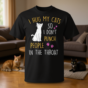 T-shirt con stampa: "Abbraccio i gatti per non colpire le persone in gola" - Product Image 3