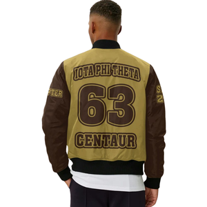 Iota phi theta แจ็กเก็ตซาตินบอมเบอร์1963สีน้ำตาลทองสไตล์นักศึกษาวิทยาลัยปักลายแบบชาวกรีก - Product Image 5