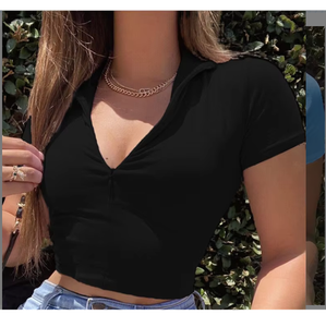 Femmes coupe ajustée courte longueur couleur unie ouverture avant sport gymnastique haut court t-shirt pour été décontracté Streetwear respirant haut court - Product Image 3