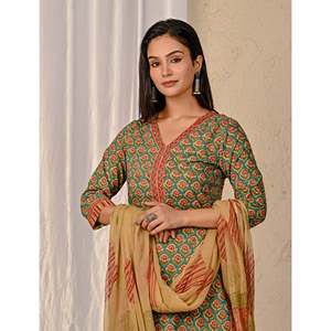 Conjunto de Kurta y Pantalón de Algodón Estampado Butta Block Verde Mar para Niñas, Traje Étnico Estilo Indio Pakistaní para Fiesta, Tela de Red Cosida - Product Image 1