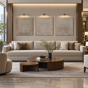 Tableau mural moderne fait main sur toile, géométrique, en relief, abstrait, minimaliste, beige texturé, pour salon et intérieur d'hôtel - Product Image 2