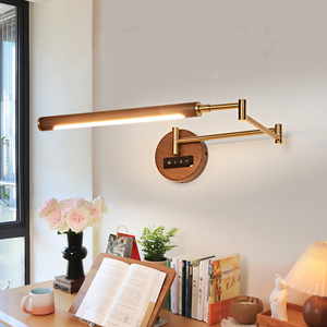 โคมไฟติดผนังลายไม้วอลนัทสไตล์ฝรั่งเศสย้อนยุค แบบเสียบปลั๊ก แขนปรับได้ ใช้เป็นไฟอ่านหนังสือข้างเตียง สำหรับห้องนอน ห้องทำงาน โต๊ะทำงาน - Product Image 3